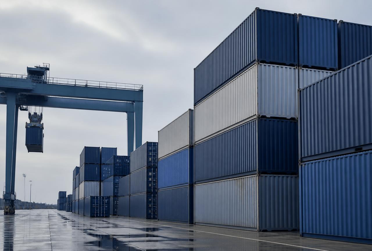 Stacked shipping containers and a gantry crane at a container terminal